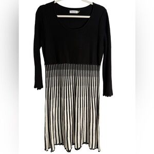 Calvin Klein Black and White Striped Sweater flare Dress, size L